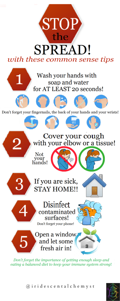 Stop the spread! with these common sense tips! Wash your hands with soap and water for at least 20 seconds! Don't forget your fingernails, the back of your hands, and your wrists! Cover your cough and sneeze with your elbow or a tissue! Not your hands! If you are sick, stay home! Disinfect contaminated surfaces! Don't forget your phone! Open a window and let some fresh air in! Don't forget the importance of getting enough sleep and eating a balanced diet to keep your immune system strong! 
