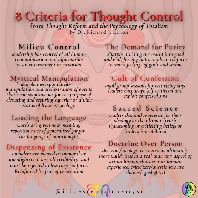 8 Criteria for thought control from Thought Reform and the Psychology of Totalism by Richard J Lifton