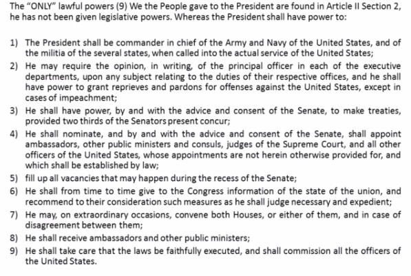 Article 2 Section 2 of the US COnstitution outlines the lawful powers granted to the President