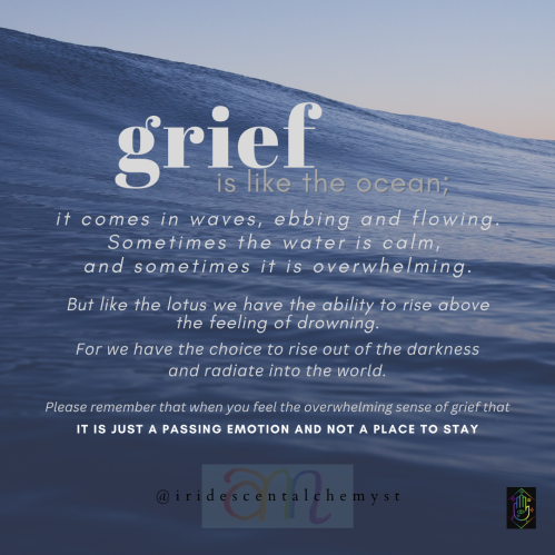 Grief is like the ocean; it comes in waves, ebbing and flowing. Sometimes the water is calm, and sometimes it is overwhelming. But like the lotus we have the ability to rise above the feeling of drowning. For we have the choice to rise out of the darkness and radiate into the world. Please remember that when you feel the overwhelming sense of grief that it is just a passing emotion and not a place to stay.