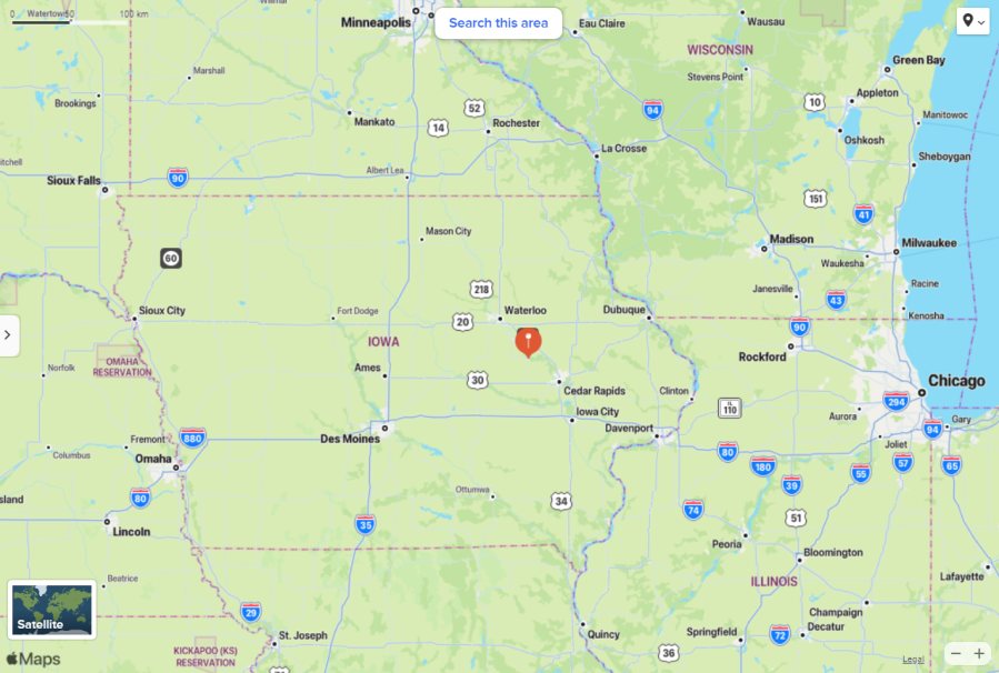 Map of Midwest United States showing Vinton Iowa obtained using DuckDuckGo extension for Google Chrome