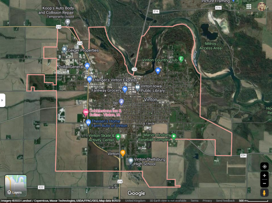 Vinton Iowa city map from Google maps